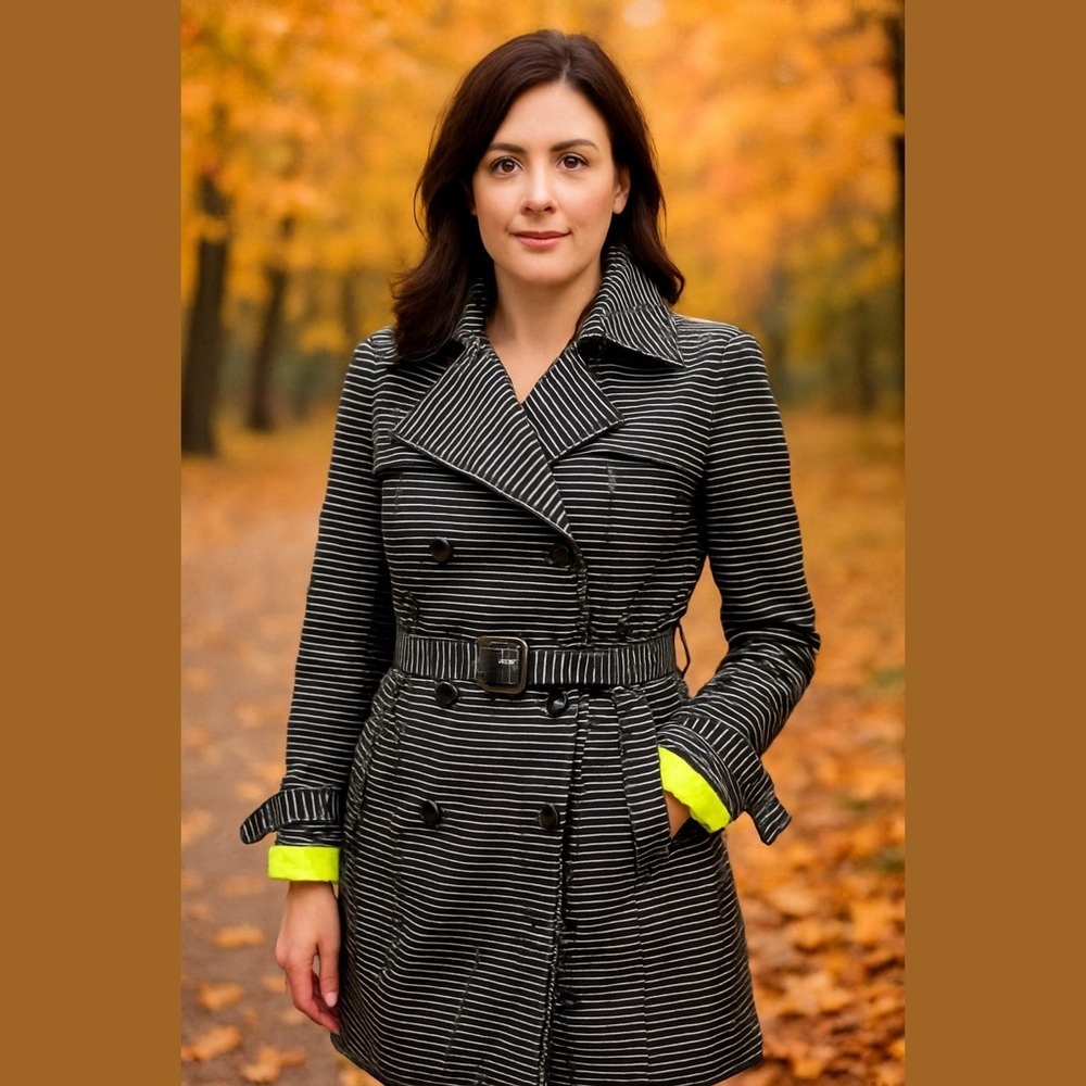Striped Black & White Belted Trench Coat